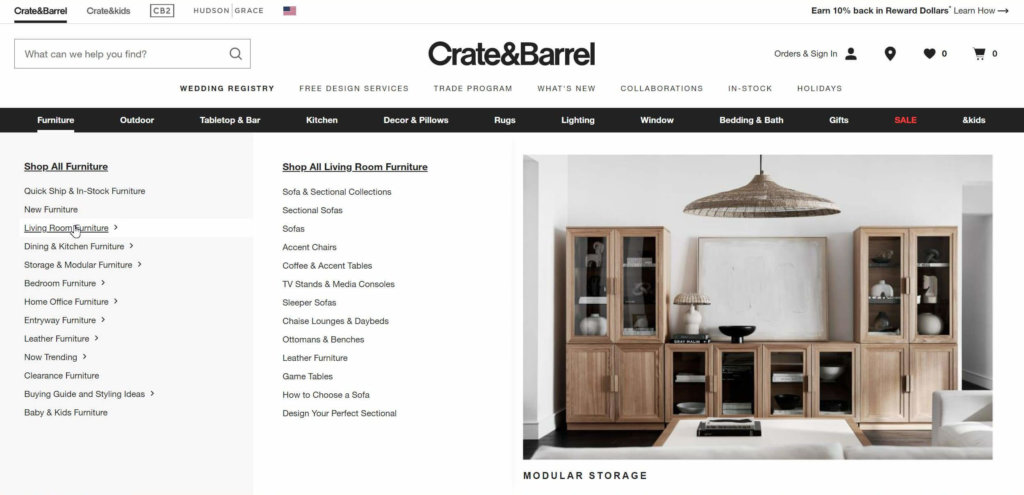 La navigation sur le site Web de Crate & Barrel est simple et conviviale